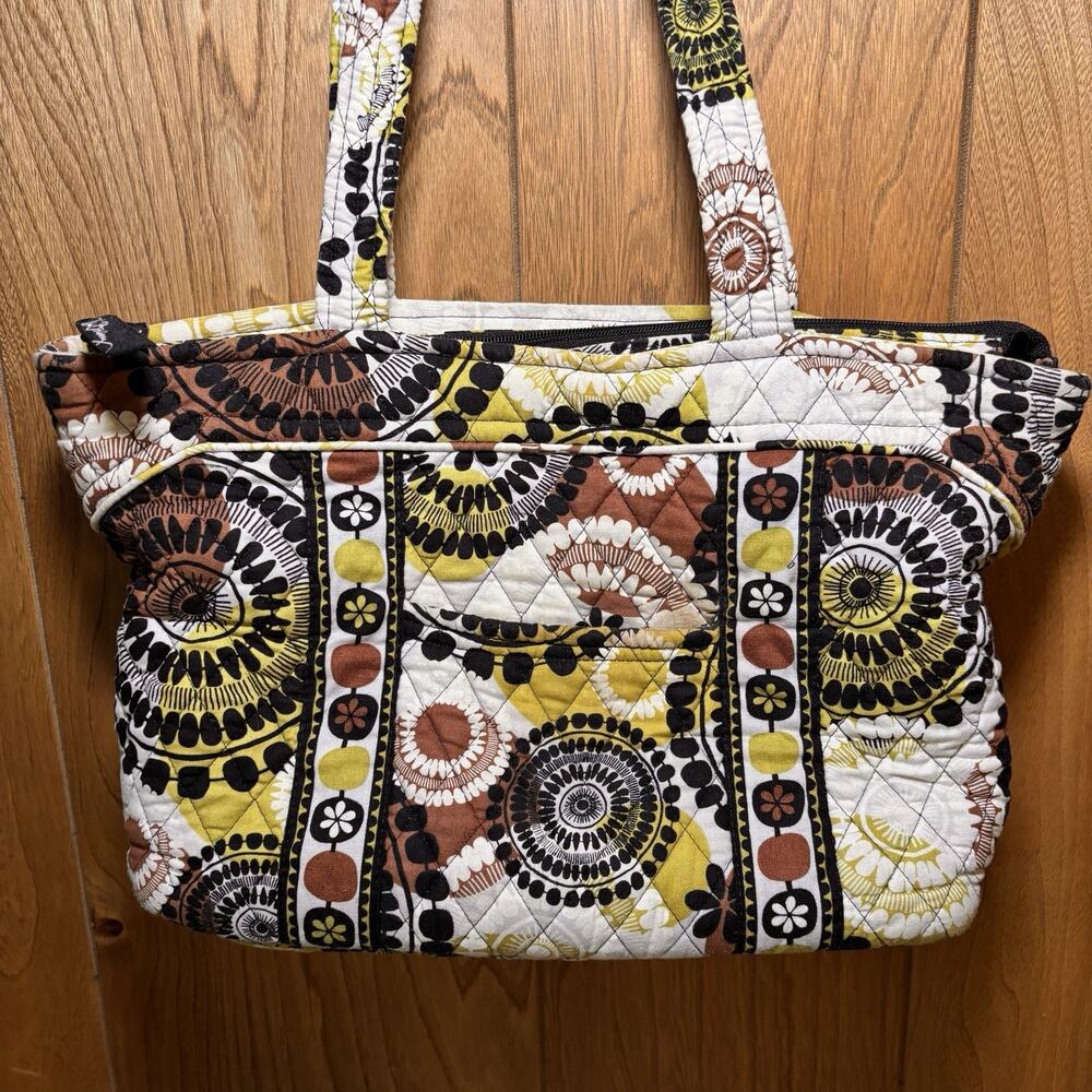 Vera Bradley Cocoa Moss Quilted Tote Bag Brown Yellow Floral Shoulder Purse - Picture 2 of 8